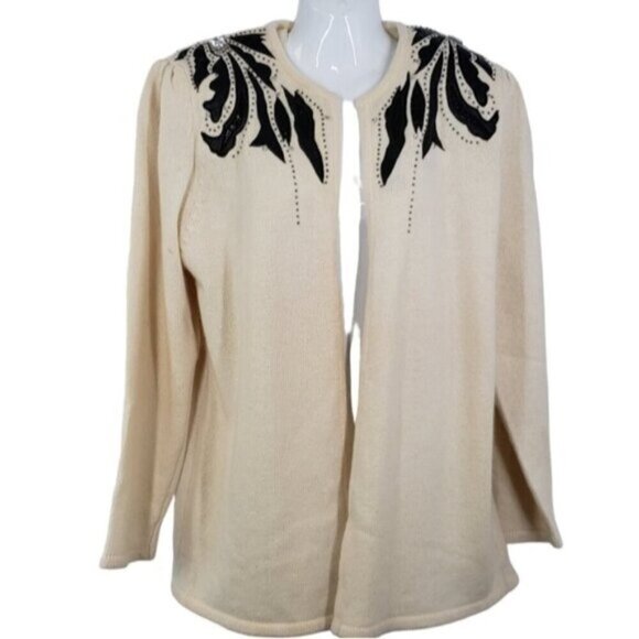 Vintage Lambswool Angora Open Cardigan Sweater Faux Leather Details with Bead… - Picture 15 of 15